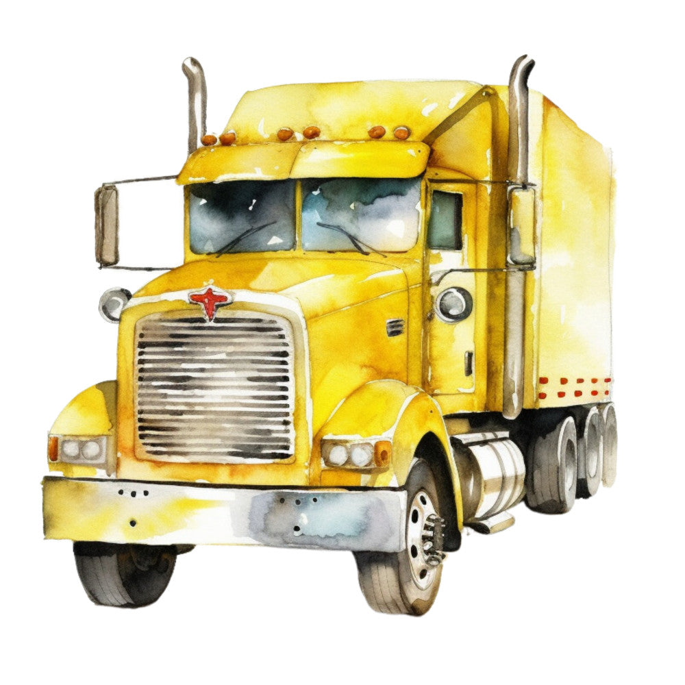 watercolor, semi truck, yellow, golden, amber, transportation, vehicle, big rig, trucking, freight truck, automotive, painted style, soft brushstrokes, fabric panel, quilting cotton, masculine theme, road transport, commercial vehicle, chrome details, exhaust stacks