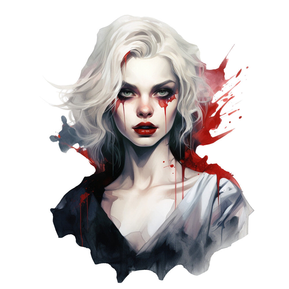 white hair, platinum blonde, pale skin, crimson red, blood red, dark navy, black, abstract art, watercolor, ink splatter, portrait, woman face, dramatic, gothic, edgy, modern art, contemporary, dark fantasy, grunge, artistic, splatter paint, fashion illustration, elegant, sophisticated, moody, dramatic makeup, statement piece, art panel, wall hanging