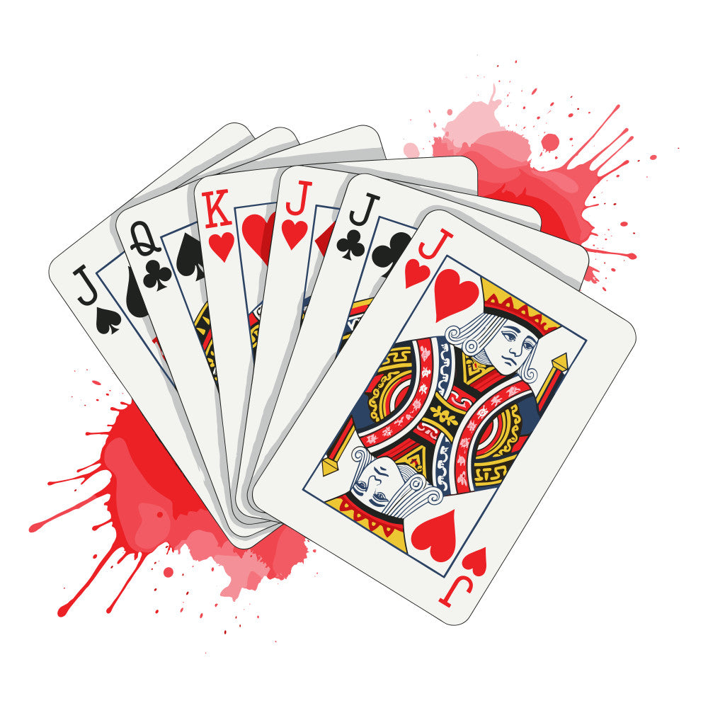 playing cards, red hearts, black spades, black clubs, card suits, jack of hearts, queen of spades, king of hearts, watercolor splash, red paint splatter, casino theme, gambling motif, card game design, white background, fabric panel, quilting cotton, gaming artwork, poker cards, contemporary illustration, red and black color scheme