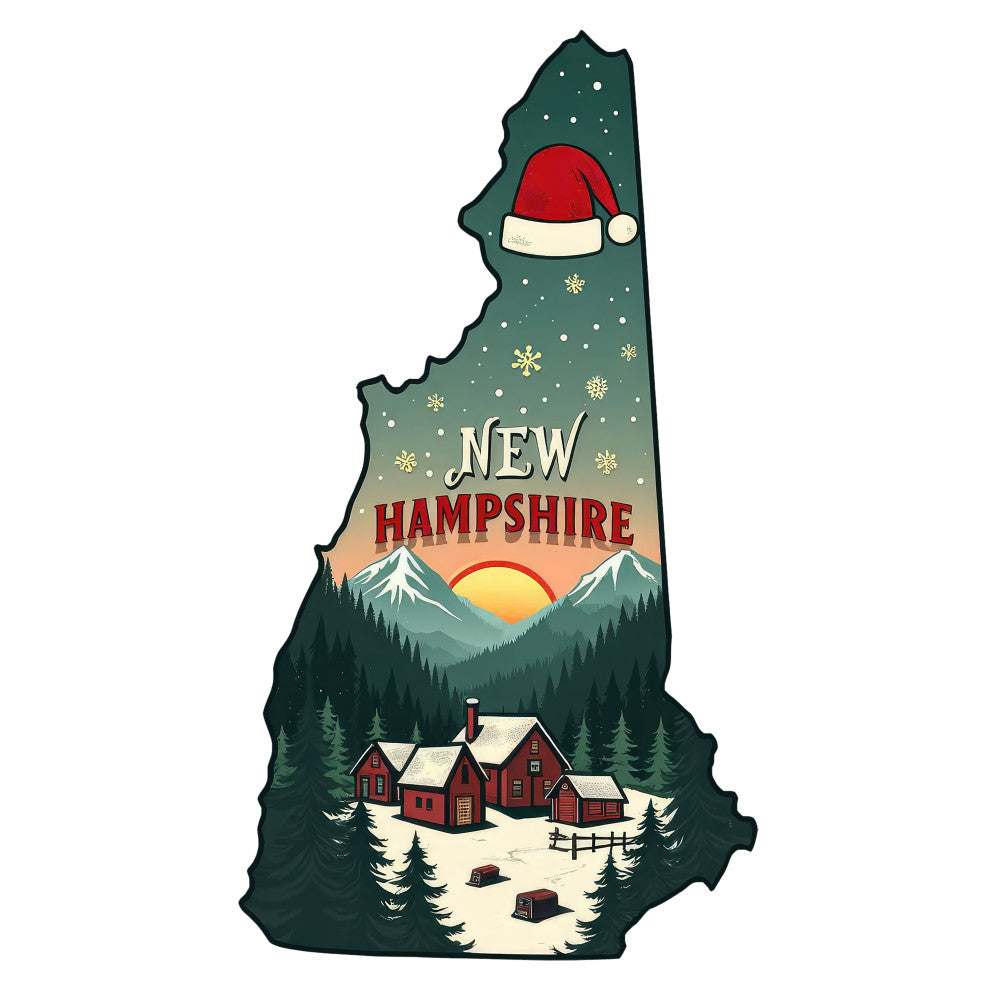 Christmas US States Fabric Panel 22 featuring New Hampshire winter landscape with snowy cabins and Santa hat in quilting cotton fabric panel.