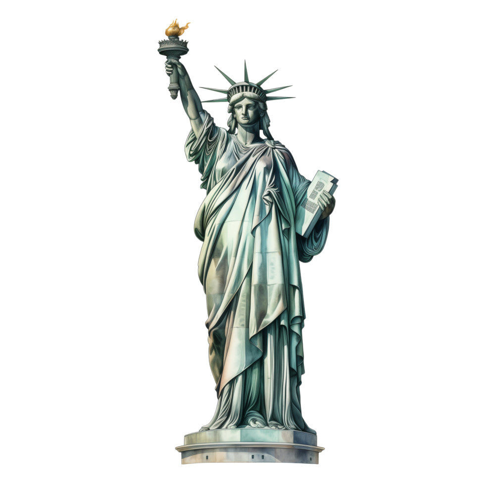 statue of liberty, patriotic, american, iconic landmark, neoclassical, torch, crown, tablet, copper green, patina green, sage green, cream, beige, tan, monument, historical, vintage americana, elegant, traditional, national symbol, liberty, freedom, independence, architectural, classical, detailed illustration, large scale print, wall hanging, home decor, americana theme