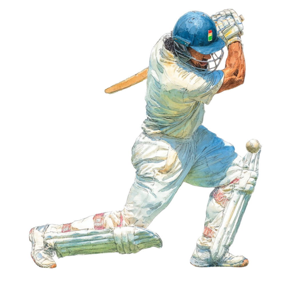 cricket, sports, blue helmet, batter, batsman, indian flag, watercolor, illustration, athletic, action pose, sky blue, cream, sage green, tan, beige, rust orange, hand-painted, figurative, men's sports, recreational, casual wear, summer sports, sports equipment, bat and ball, dynamic movement, vintage illustration, traditional art style, sports fan gift