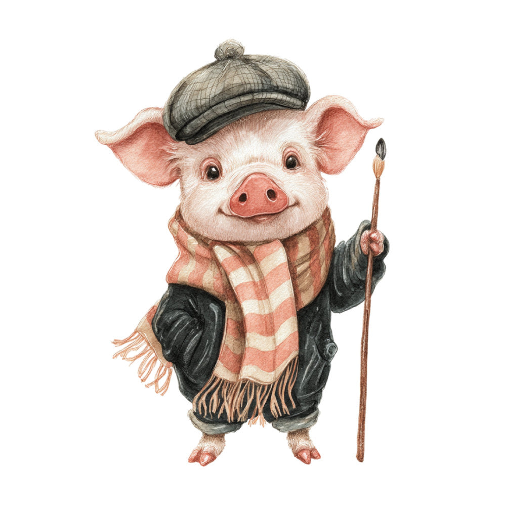 pig, whimsical, farmhouse, animal, vintage, rustic, character, cute, charming, cream, blush pink, coral pink, black, plaid, checkered, scarf, hat, beret, paintbrush, artist, folk art, children's, storybook, whimsy, cottage core, traditional, pastoral, countryside, novelty, patchwork