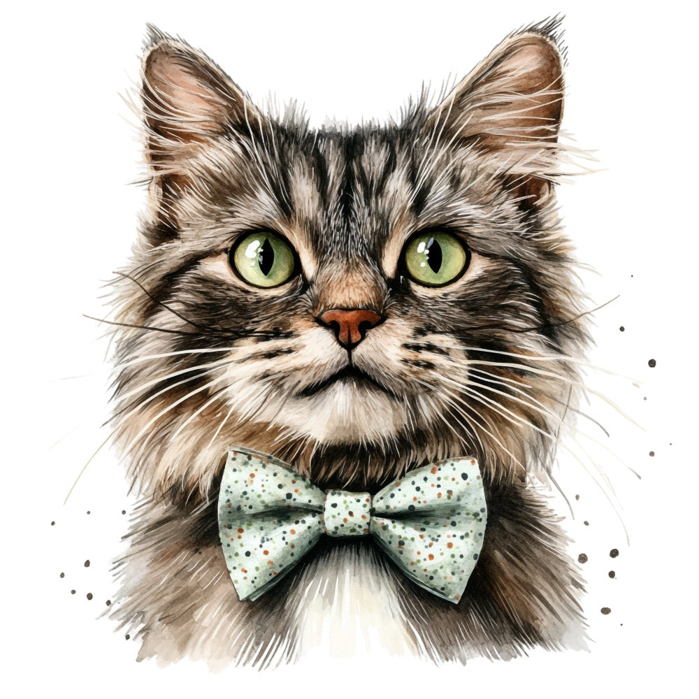 cat, animal, feline, green eyes, bow tie, bowtie, polka dot, spotted, whimsical, playful, cute, portrait, face, tabby, striped, charcoal gray, cream white, sage green, brown, tan, elegant, quirky, humorous, funny, pet lover, cat lover, woodland, nature, spring, summer