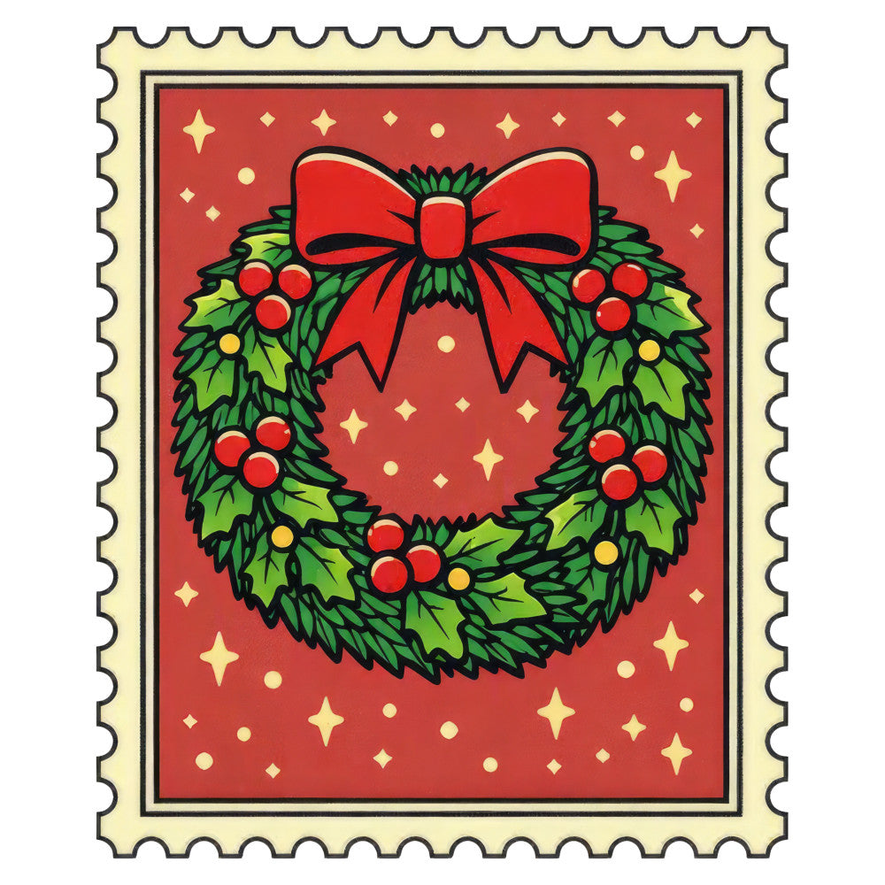 christmas wreath, holiday, red background, gold stars, green leaves, red berries, red bow, festive, traditional, vintage, seasonal, winter, christmas decoration, wreath design, evergreen, holly berries, ribbon bow, sparkles, elegant, classic, nostalgic, postage stamp style, bordered design, warm colors, metallic accents, celebration, decorative, timeless