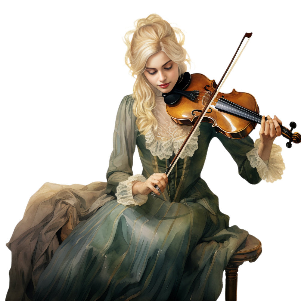 sage green, cream, golden blonde, vintage, elegant, classical, musical, violin, musician, portrait, woman, historical, romantic, victorian, period dress, lace collar, formal wear, traditional, refined, sophisticated, arts and crafts, classical music, ornate, detailed illustration, sitting portrait, dressed figure