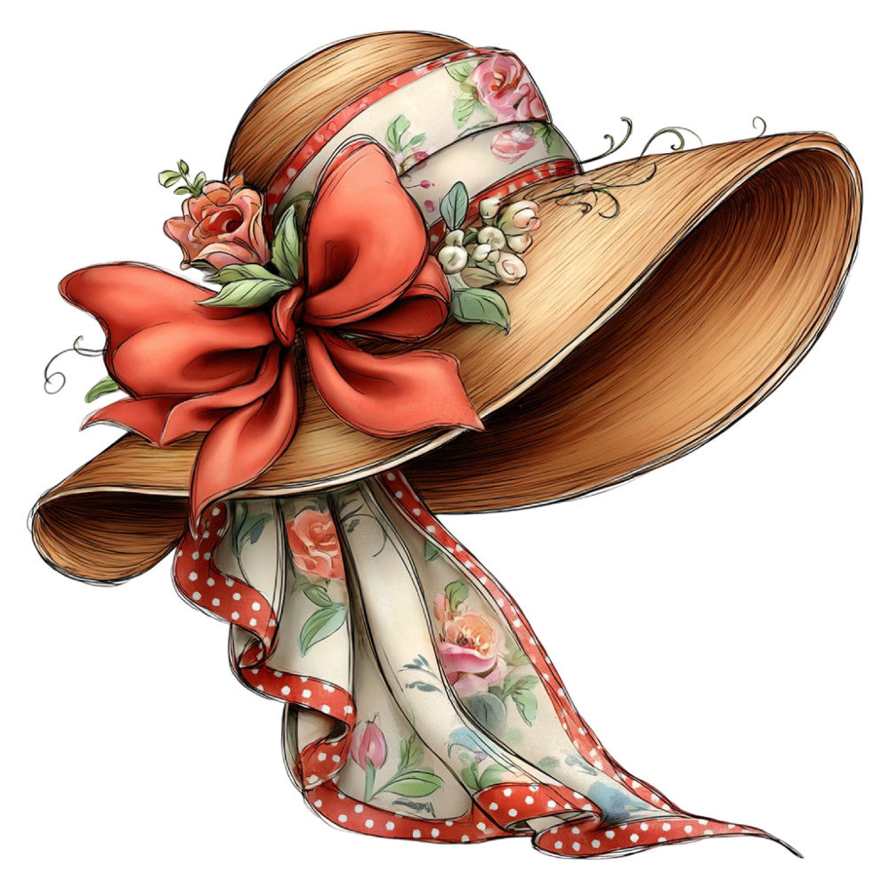 coral red, cream, tan, straw, floral, roses, vintage, whimsical, elegant, traditional, spring, summer, garden, botanical, hat, ribbon, bow, polka dots, red and white, romantic, cottage, feminine, decorative, nature-inspired, classic, charming, illustration, detailed print