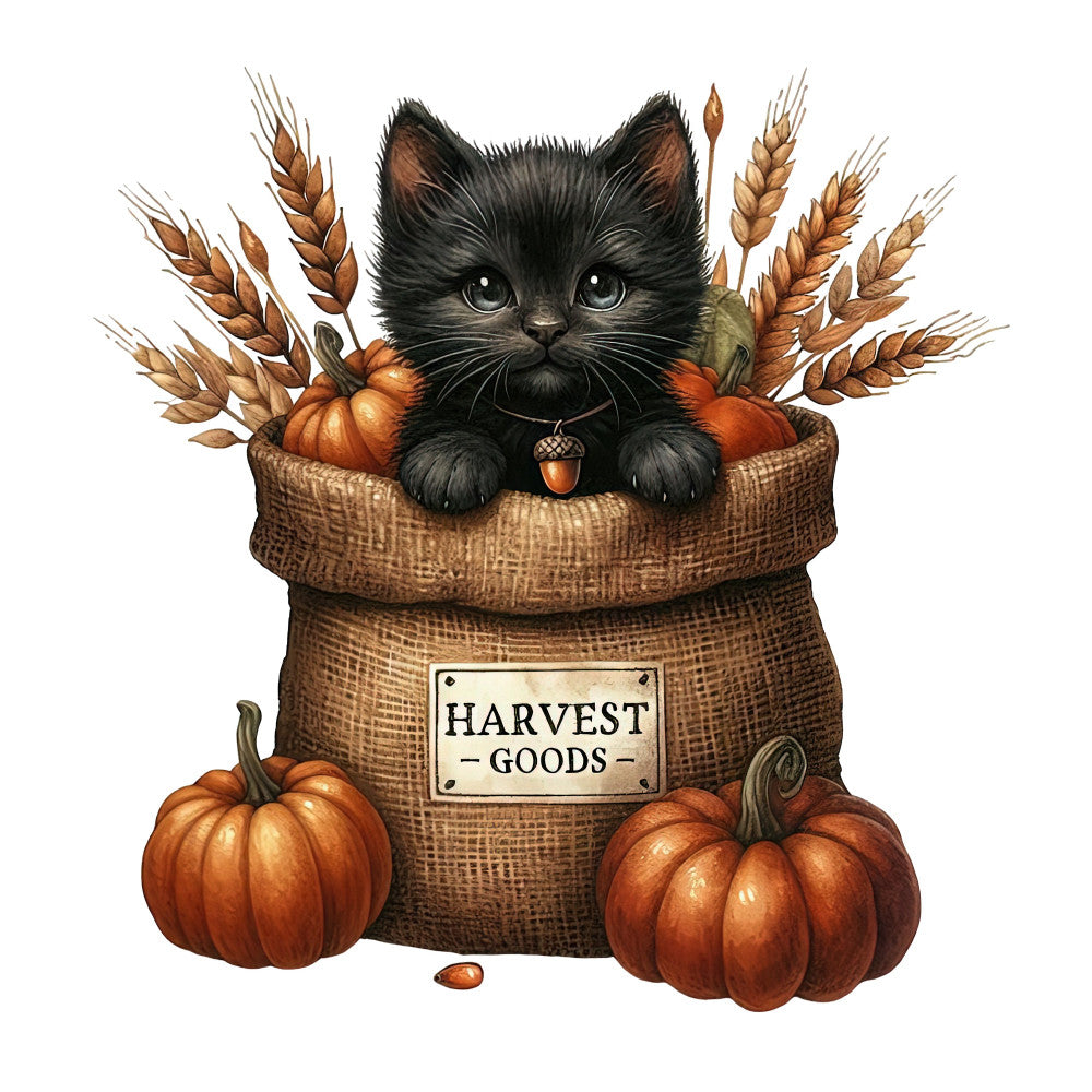 black cat, harvest, autumn, fall, pumpkins, wheat, grain, orange, tan, brown, cream, rustic, farmhouse, whimsical, cute, animals, seasonal, thanksgiving, acorn, burlap texture, folk art, country, vintage, woodland, harvest goods, festive, cozy, home décor, wall hanging