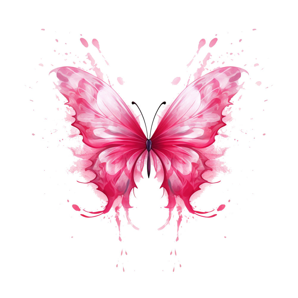 pink butterfly, watercolor style, fabric panel, breast cancer awareness, hot pink, magenta, soft pink, splatter effects, artistic wings, symmetrical design, delicate antennae, flowing design, cancer support, quilting fabric, cotton panel, charitable theme, awareness ribbon colors, feminine colors, graceful butterfly, painterly effect