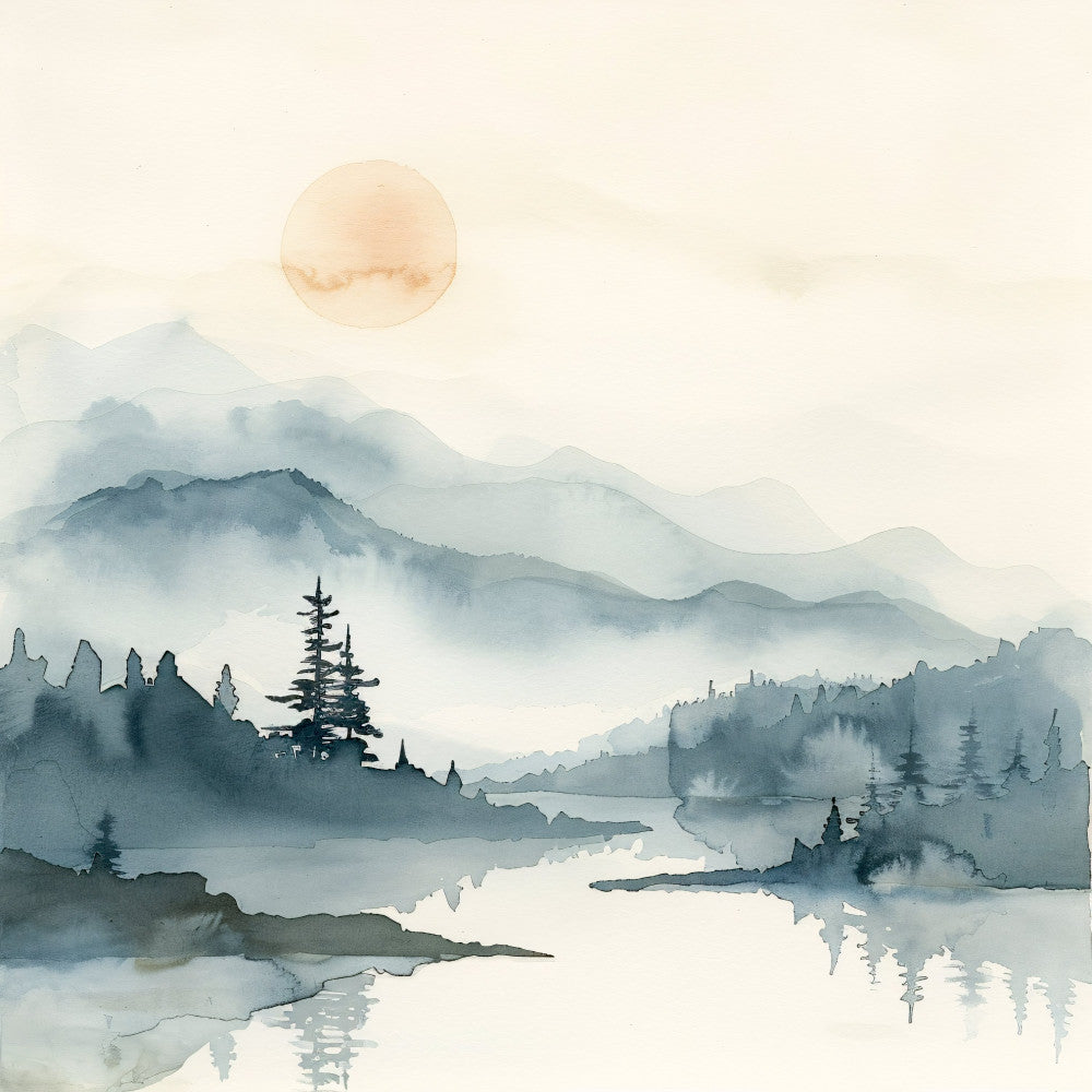 misty mountains, watercolor landscape, asian inspired, ink wash, serene nature, forest trees, calm water, reflection, full moon, peaceful scenery, soft blue, gray blue, sage green, muted tones, minimalist, zen aesthetic, traditional, elegant, nature scene, lake landscape, coniferous trees, misty morning, tranquil, meditative, japanese style, landscape art, monochromatic, wall hanging, nature lover, contemplative mood