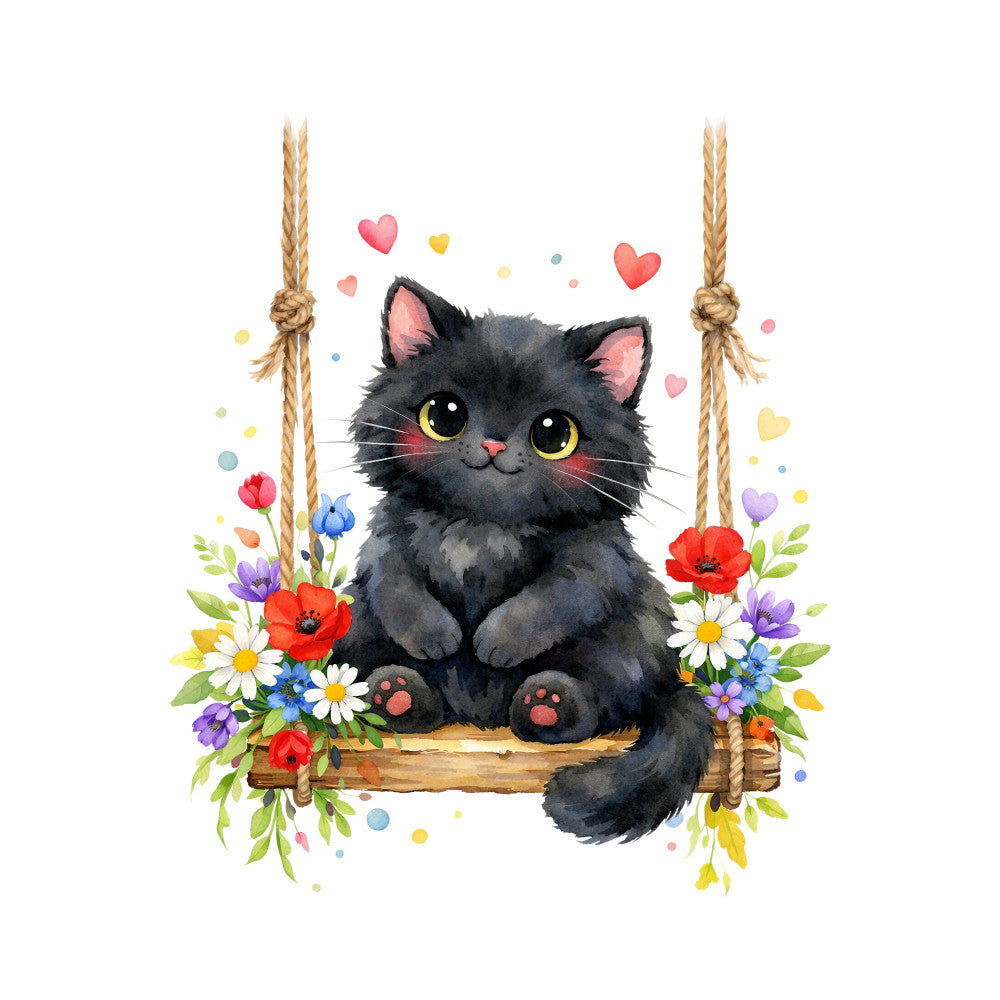black cat, yellow eyes, pink nose, floral, flowers, hearts, love, whimsical, cute, charming, spring, summer, nature, daisy, poppy, purple flowers, red flowers, white flowers, blue flowers, colorful, rope swing, rustic, folk art, cottage core, sweet, playful, animal theme, cat lover, botanical, vibrant colors