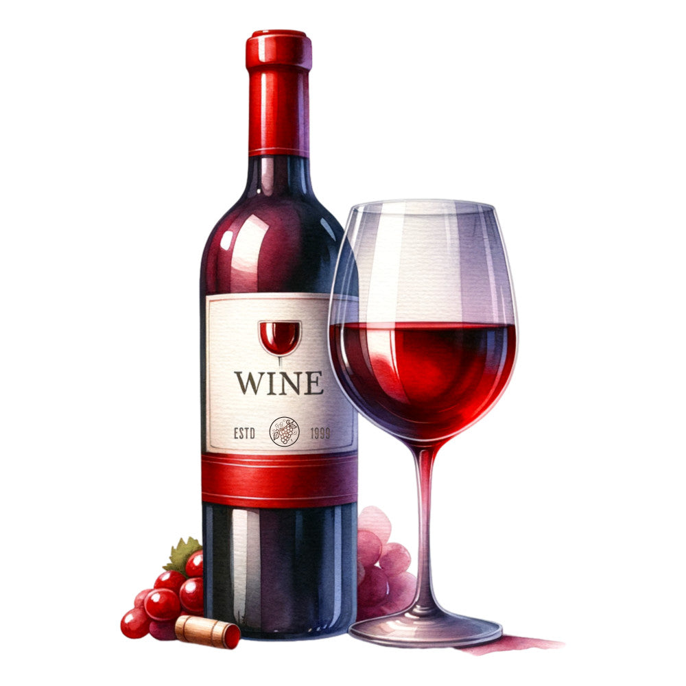 red wine bottle, wine glass, deep red, burgundy, white label, cork, purple grapes, glass reflection, watercolor style, realistic illustration, fabric panel, quilting cotton, wine theme, beverage motif, kitchen decor, rich colors, bottle and glass, grape clusters, elegant design, adult beverage