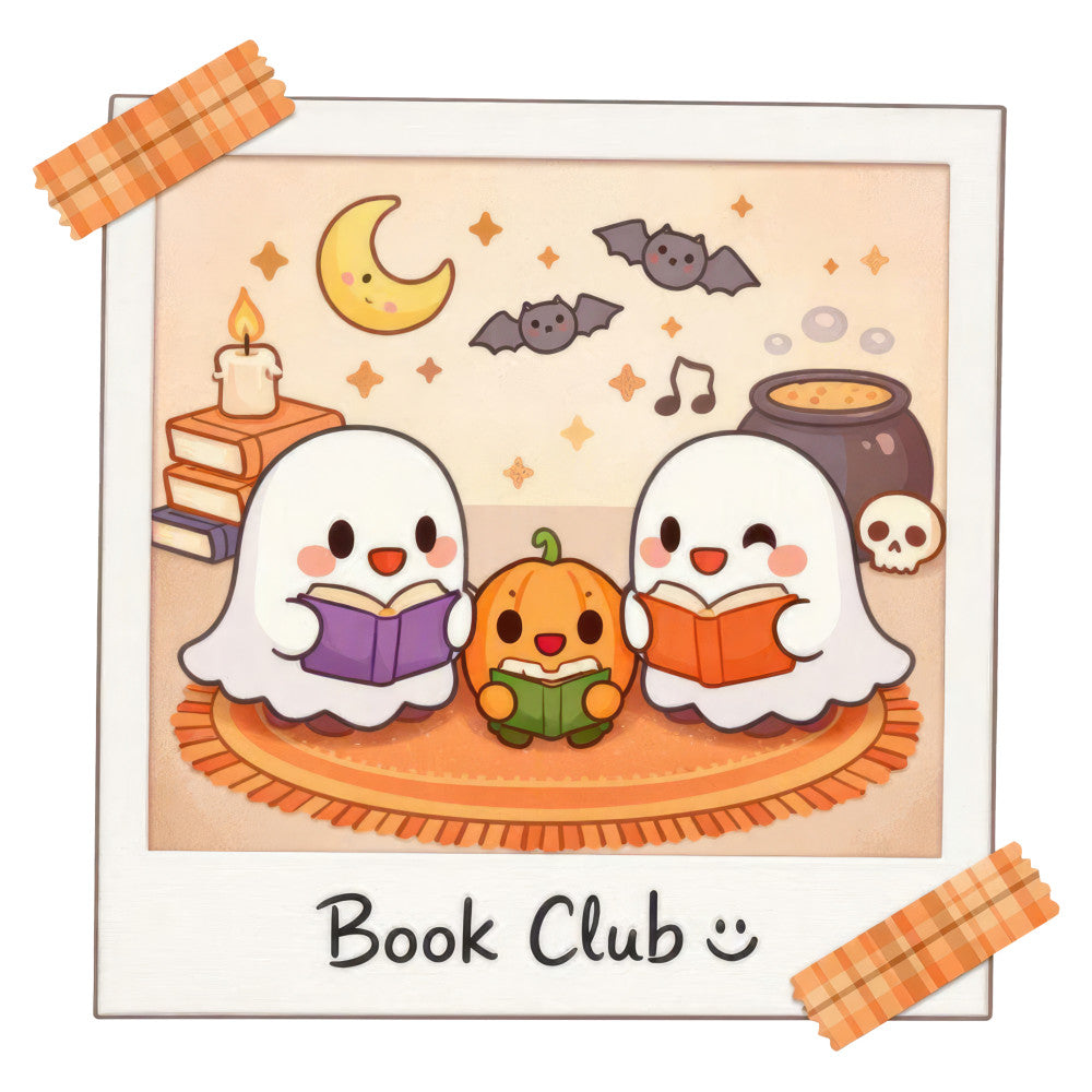 halloween, fall, autumn, ghosts, pumpkin, cute, whimsical, orange, purple, cream, ivory, crescent moon, stars, bats, cauldron, books, reading, book club, candle, skull, musical notes, festive, spooky, kawaii, children, kids, seasonal, holiday, orange plaid border, decorative panel