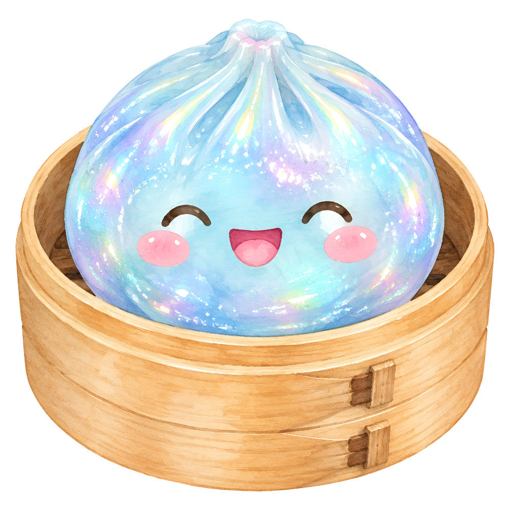kawaii, cute character, iridescent, pastel blue, soft purple, pale pink, holographic, shimmering, gradient, whimsical, asian-inspired, dim sum, steamer basket, food themed, playful, magical, fantasy, celestial, sparkly, happy face, smiling character, dreamy, illustration, children's, kid-friendly, modern, decorative, novelty, unique design