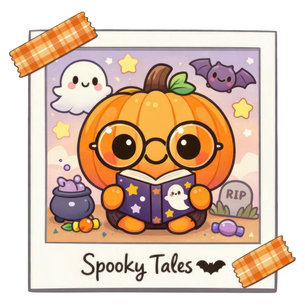 halloween, spooky, pumpkin, ghost, bat, witch, cauldron, stars, cute, kawaii, orange, purple, lavender, cream, autumn, fall, whimsical, playful, children, kids, book themed, reading, glasses, tombstone, candy, festive, seasonal, trick or treat, harvest