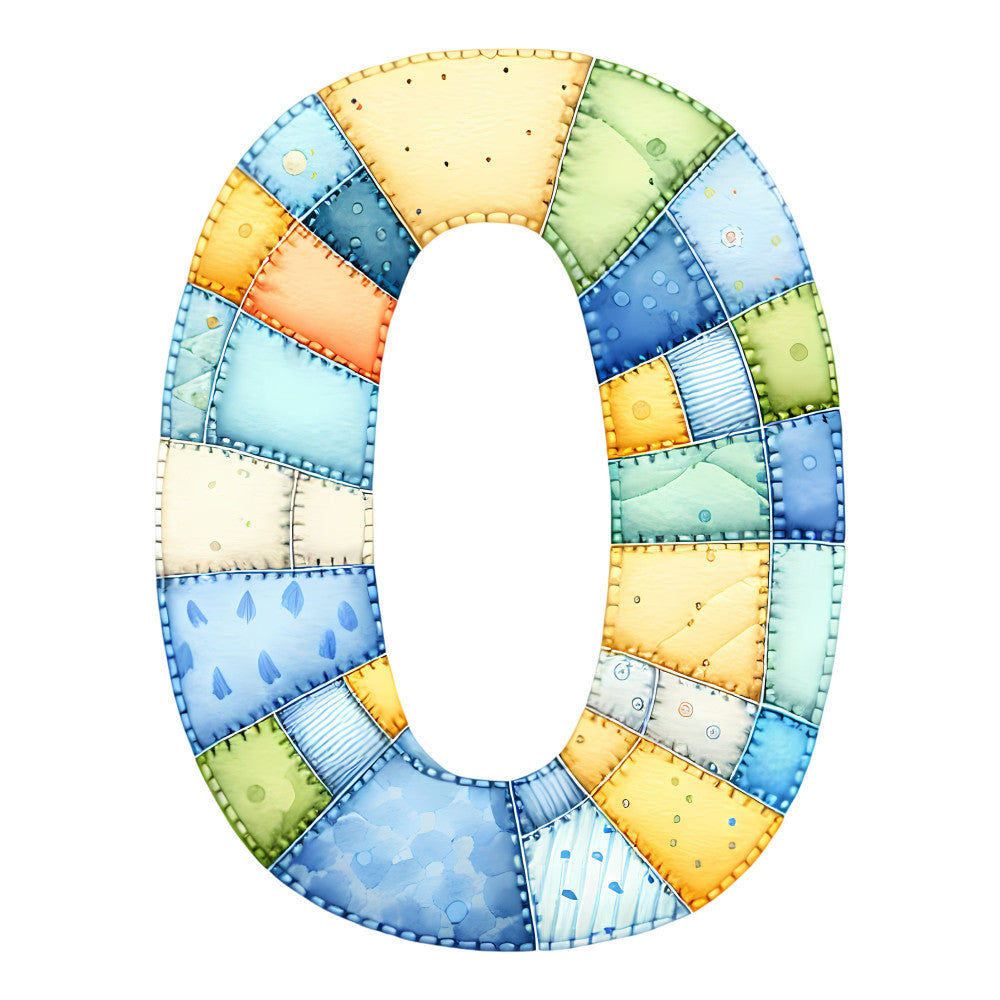 patchwork, number zero, whimsical, polka dots, striped, sky blue, pale yellow, sage green, navy blue, soft orange, light blue, circles, geometric, modern, playful, dots pattern, pastel colors, child-friendly, nursery, baby quilt, contemporary, colorful, mixed patterns, stitched detail, aqua, cream, cheerful, fun design