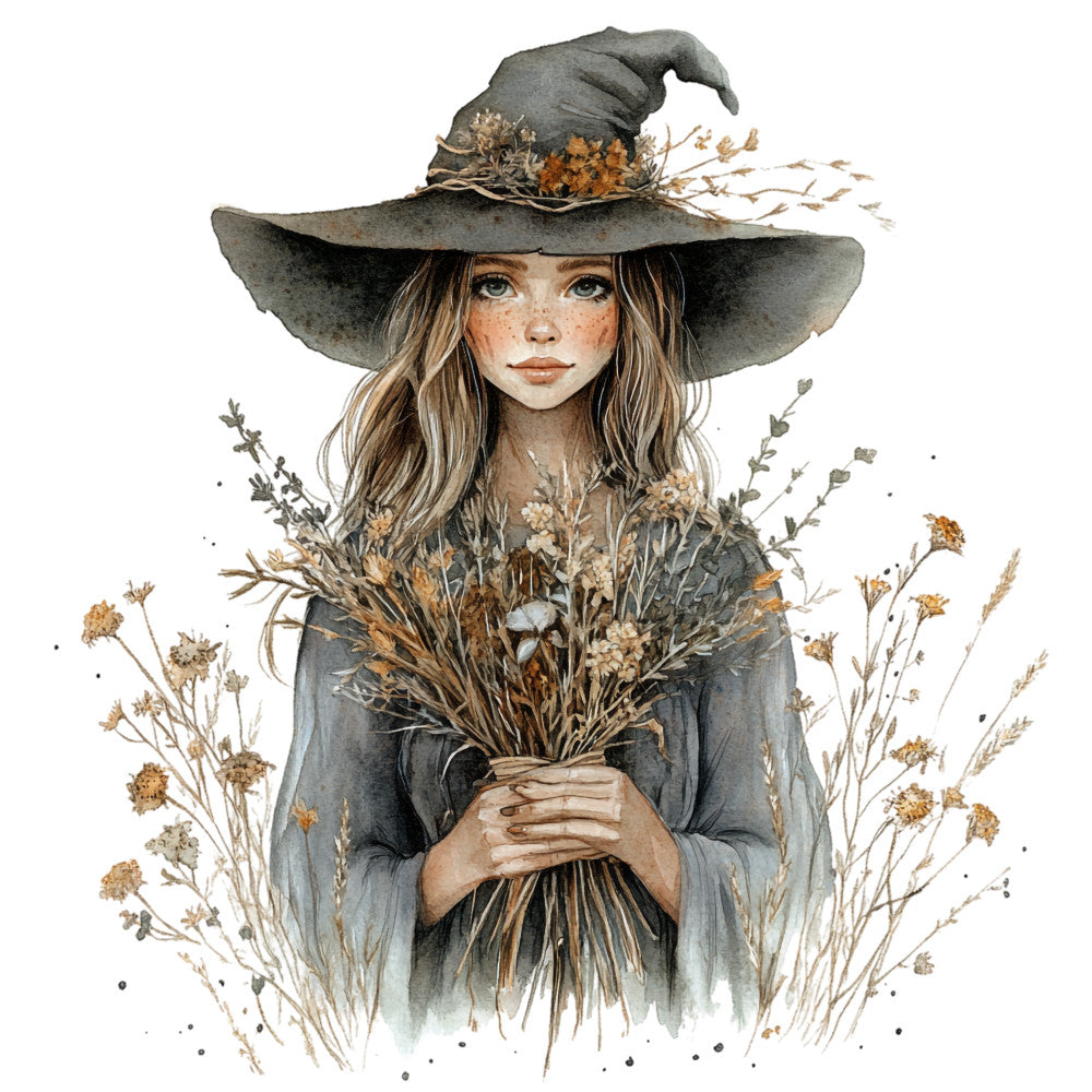 watercolor, witch, autumn colors, earth tones, brown, beige, gray, botanical elements, dried flowers, wide brim hat, freckled face, long wavy hair, mystical, whimsical art style, fabric panel, quilting cotton, seasonal autumn, harvest theme, nature motifs, soft illustration
