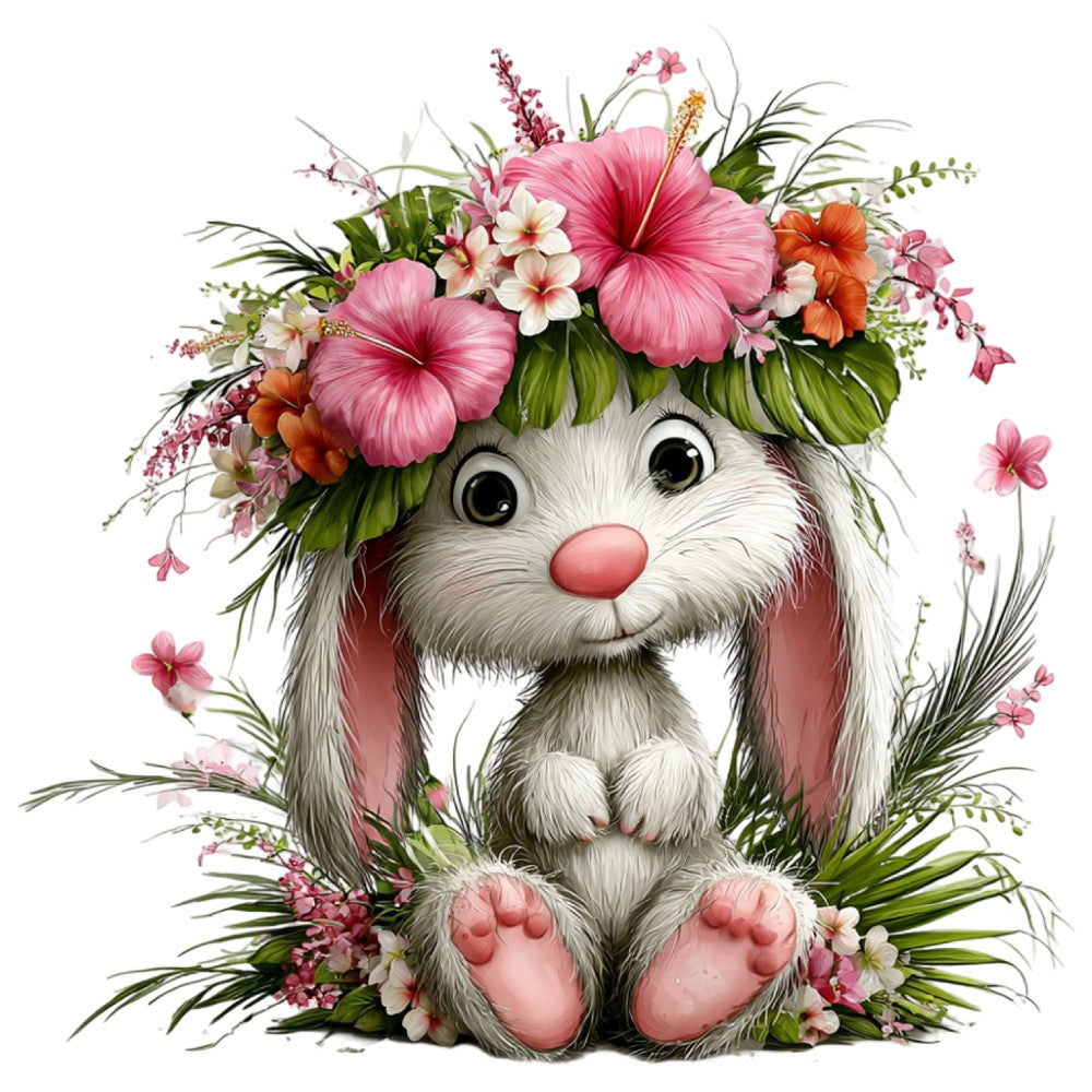 bunny, rabbit, floral, pink, coral, white, cream, green, orange, flower crown, hibiscus, daisy, whimsical, cute, animal, spring, garden, nature, baby, nursery, children's, playful, cheerful, botanical, long-eared bunny, Easter, innocent, sweet, decorative