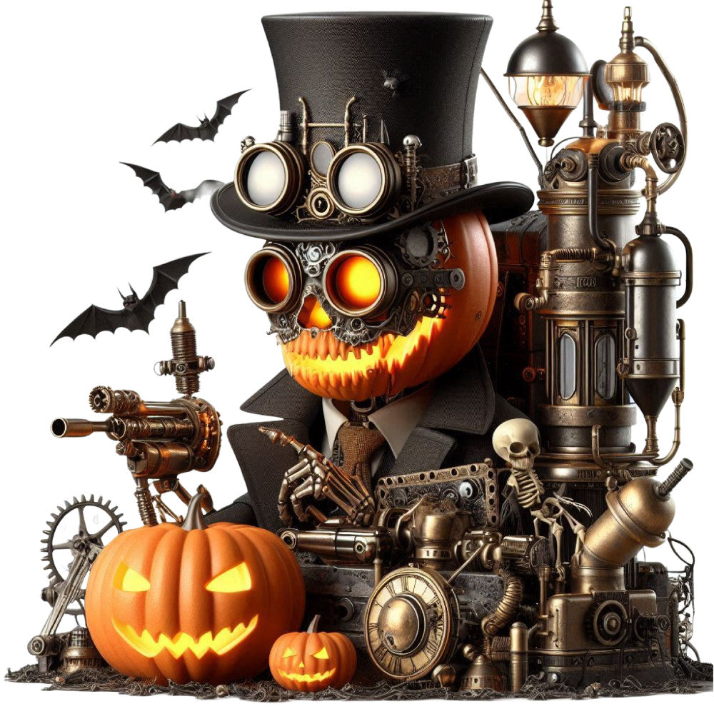 steampunk, halloween, autumn, fall, pumpkin, jack-o-lantern, skull, bat, gothic, mechanical, brass, copper, bronze, vintage, industrial, gears, top hat, goggles, dark orange, burnt orange, black, metallic gold, whimsical, spooky, holiday, decorative, festive, victorian, retro-futuristic