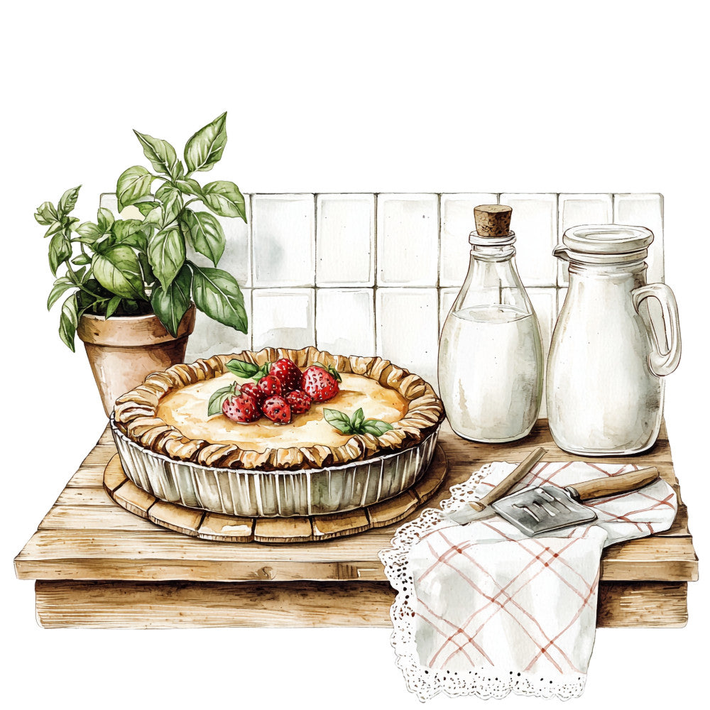 fabric panel, country kitchen, strawberry pie, basil plant, milk bottles, wooden table, white subway tile, kitchen towel, rustic style, farmhouse decor, baking scene, watercolor illustration, green leaves, red strawberries, cream colors, brown wood tones, glass jars, quilting cotton, cooking theme, vintage kitchen