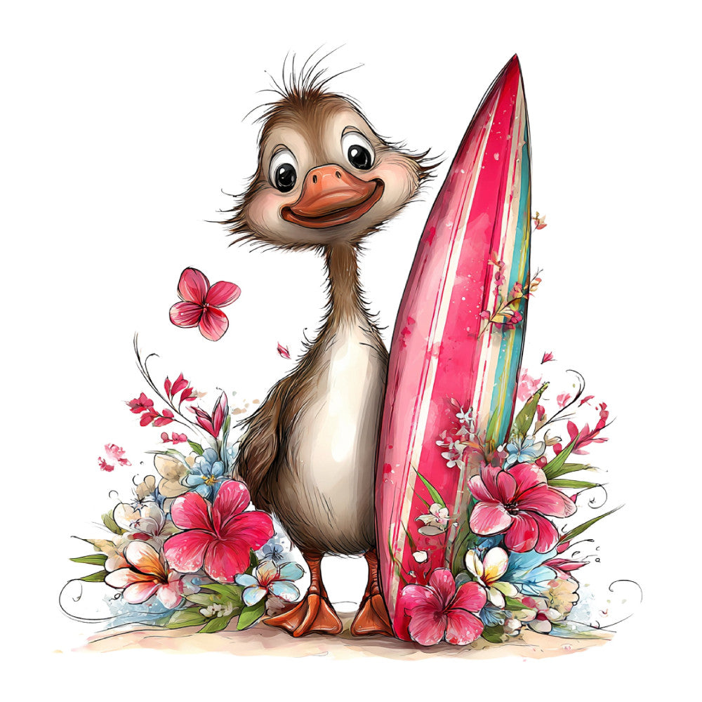 whimsical ostrich, coral pink, hot pink, magenta, turquoise, cream, brown, floral, surfboard, beach theme, tropical, spring, summer, animals, birds, flowers, hibiscus, daisies, playful, cheerful, nautical, children's, baby, cute, decorative panel, wall hanging, fun, colorful, nature-inspired