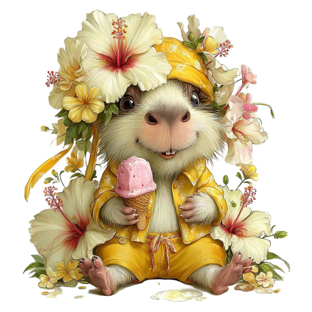 cream, pale yellow, soft yellow, golden yellow, dusty rose, blush pink, sage green, whimsical, cute animals, guinea pig, floral, hibiscus, spring, summer, charming, children's, adorable, cheerful, folk art, cottage core, pastoral, nature, ice cream, sweet treats, playful, illustration style, storybook, animal characters, buttercream