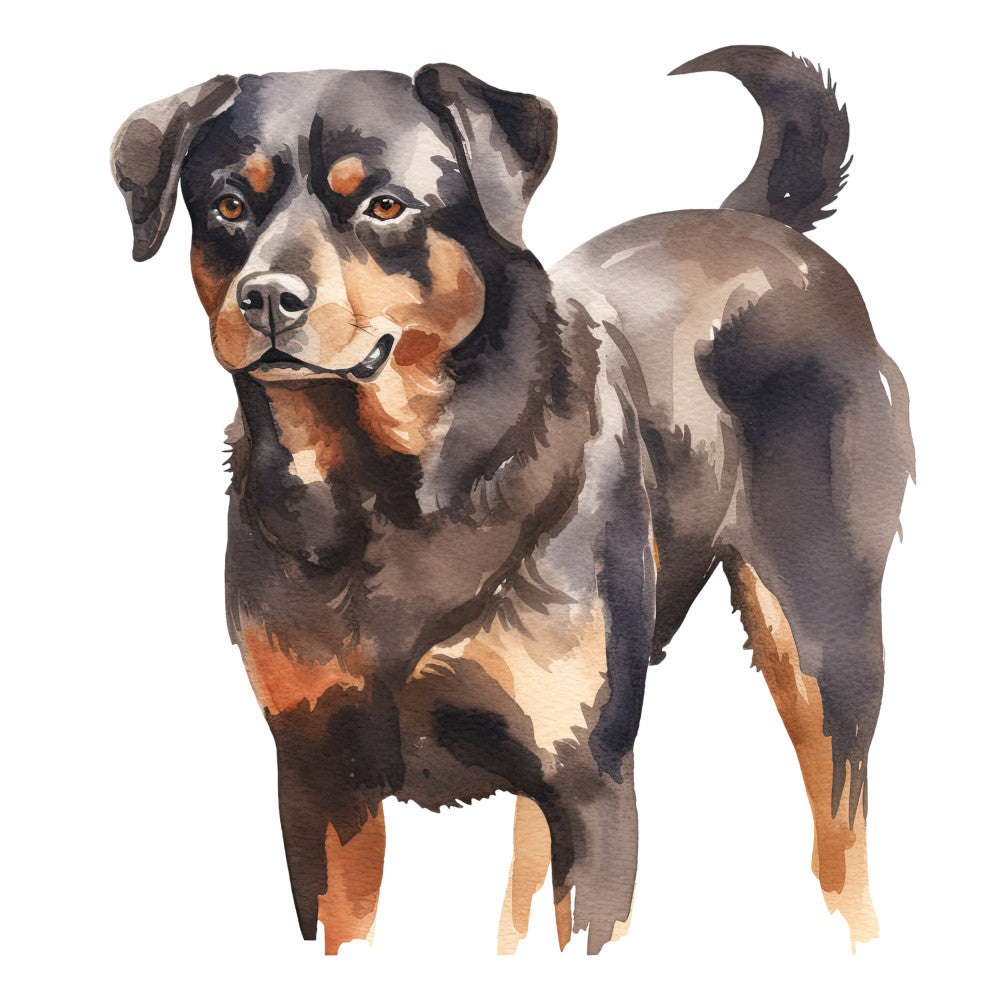 Watercolor Rottweiler Fabric Panel 1 features a detailed, hand-painted Rottweiler dog design on premium quilting cotton.