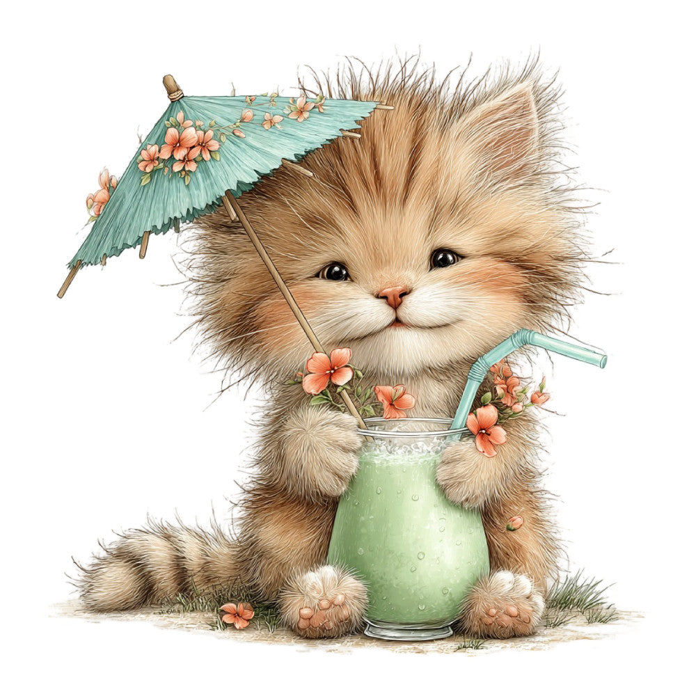 fluffy cat, cute kitten, whimsical animals, illustrated cat, mint green, coral pink, soft peach, cream, tan, beige, floral design, flowers, spring, summer, animal illustration, children's design, playful style, cute style, decorative drink, parasol umbrella, nature themed, baby fabric, nursery, whimsical, charming, botanical elements, adorable, storybook style, kawaii, sweet design