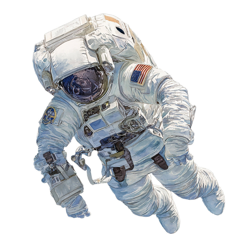 astronaut, space exploration, nasa, american flag, blue, white, gray, silver, metallic, realistic illustration, detailed, portrait, science, technology, stem, educational, adventure, outer space, cosmic, modern, contemporary, wall art, home decor, patriotic, masculine, professional, sophisticated, inspirational