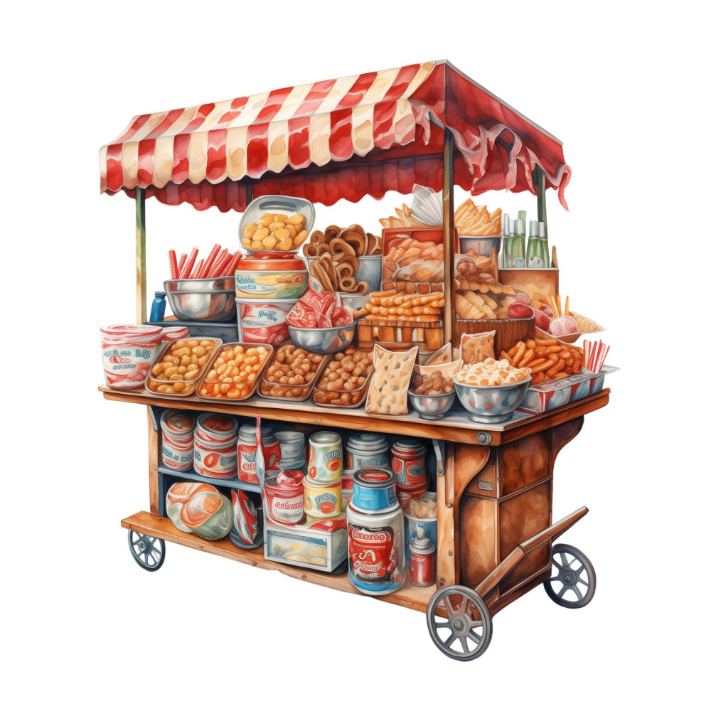 vintage snack cart, retro food stand, red and cream striped, popcorn machine, carnival theme, street vendor, nostalgic americana, classic concession, fair food, retro kitchen, warm orange tones, cream and red palette, vintage illustration, whimsical style, mid-century design, food truck theme, traditional americana, retro snacks, popcorn and treats, vintage commerce, rustic market, novelty print, fun and playful, collectible items, food service theme
