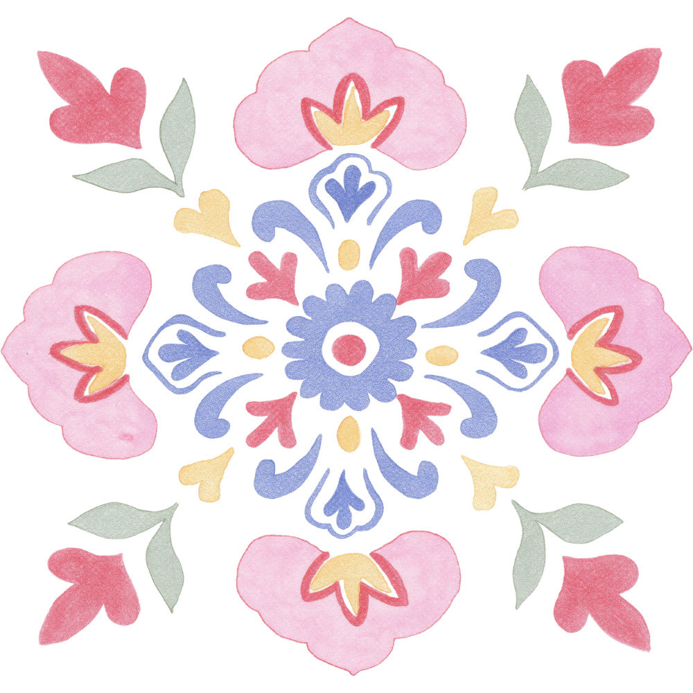 rose pink, dusty rose, cornflower blue, sage green, pale yellow, cream, floral, symmetrical, medallion, botanical, nature, spring, folk art, traditional, whimsical, elegant, heart motifs, leaf accents, scalloped petals, ornamental, decorative, baby quilt, wall hanging, quilt panel, delicate, vintage inspired, romantic, garden themed