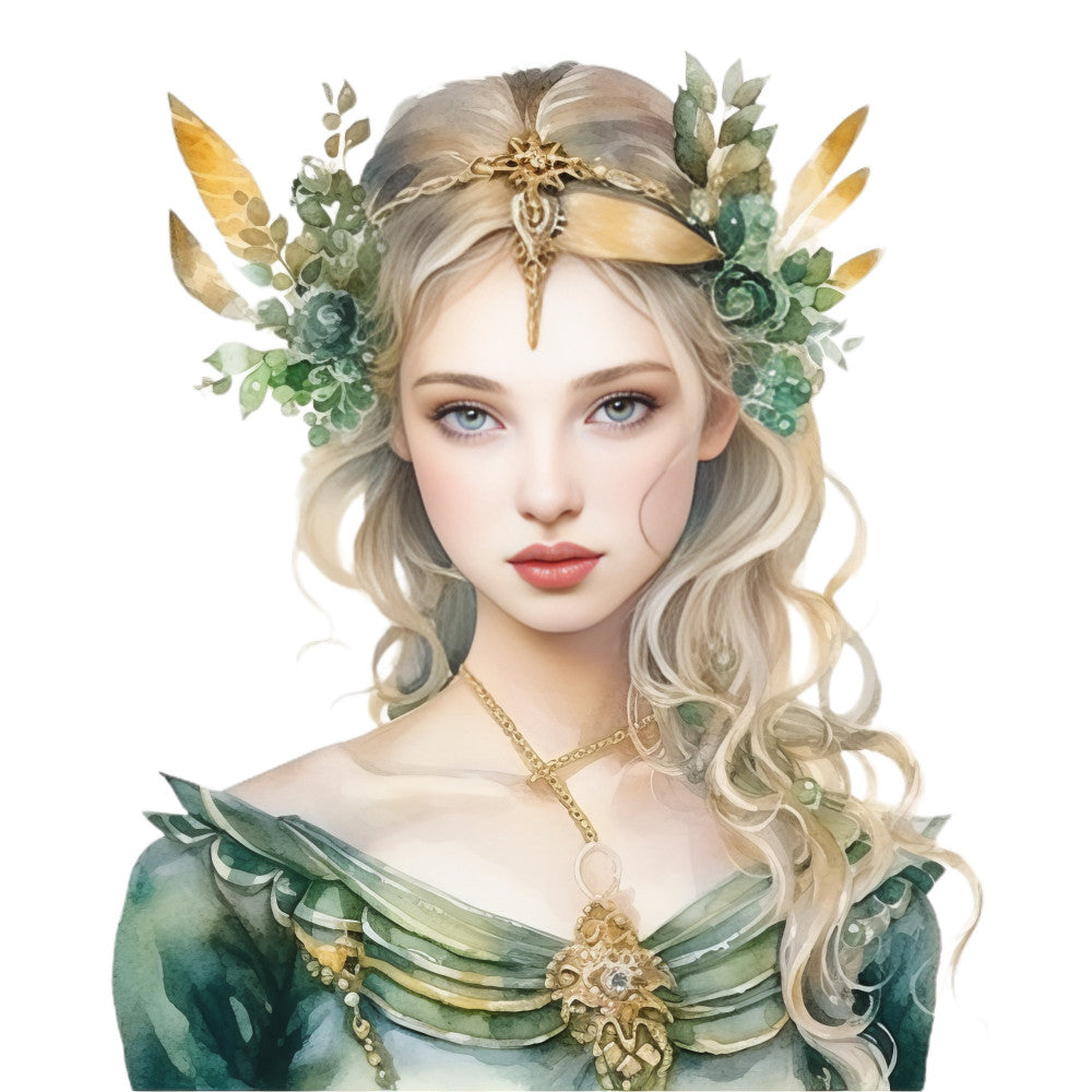 sage green, cream, gold, blonde hair, fantasy, portrait, celestial, nature, botanical, floral, elegant, whimsical, ethereal, romantic, princess, fairy tale, ornate jewelry, feathered headpiece, succulent plants, rose flowers, leaf motifs, spring, summer, mystical, dreamy, decorative, wall hanging, decorative panel, vintage inspired, art print