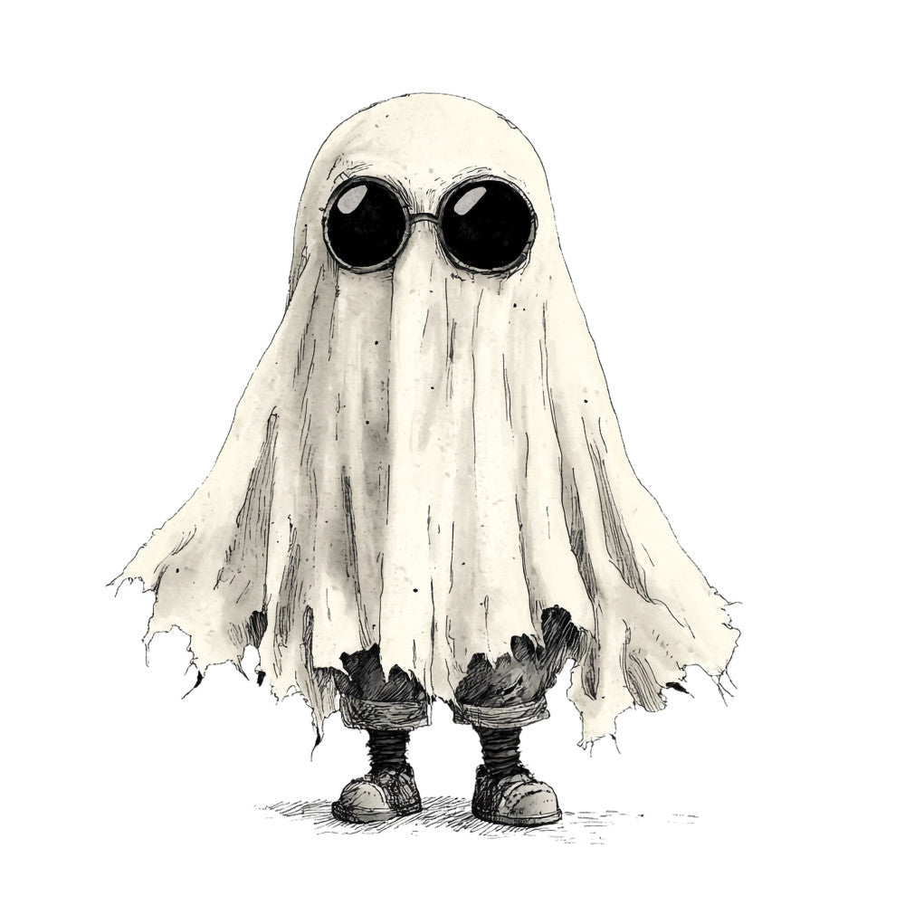 ghost, white, black, creepy, spooky, halloween, haunted, sheet ghost, cartoon ghost, cute ghost, whimsical, playful, ink illustration, sketched, vintage, character, costume, trick or treat, autumn, fall, holiday, supernatural, haunting, funny, humorous, gothic, dark humor, monochrome, pencil sketch, children's