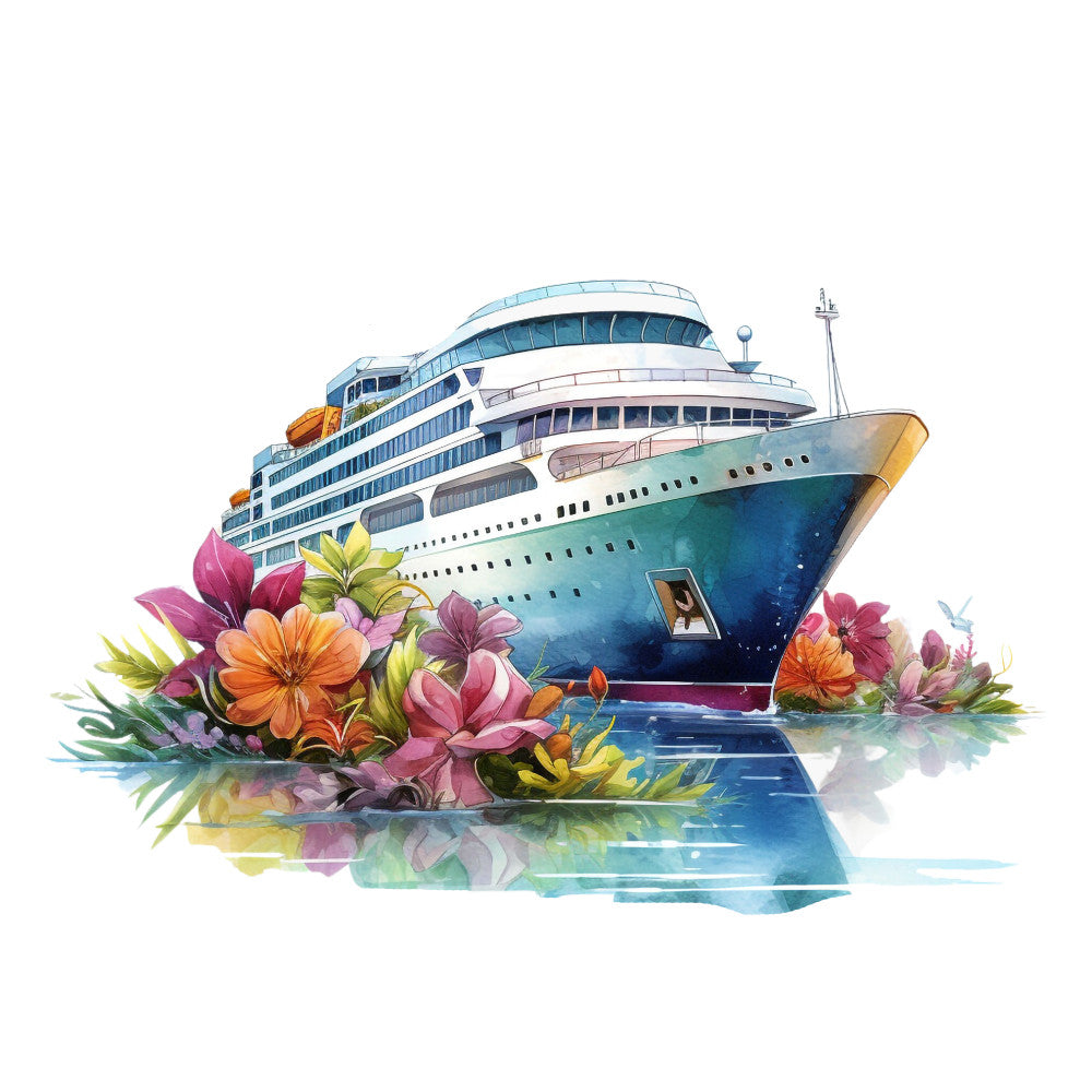 cruise ship, watercolor style, tropical flowers, hibiscus, ocean water, turquoise blue, coral pink, orange blooms, purple petals, green foliage, maritime theme, vacation motif, fabric panel, quilting cotton, coastal design, summer vibes, floral arrangement, nautical scene, bright colors, tropical paradise