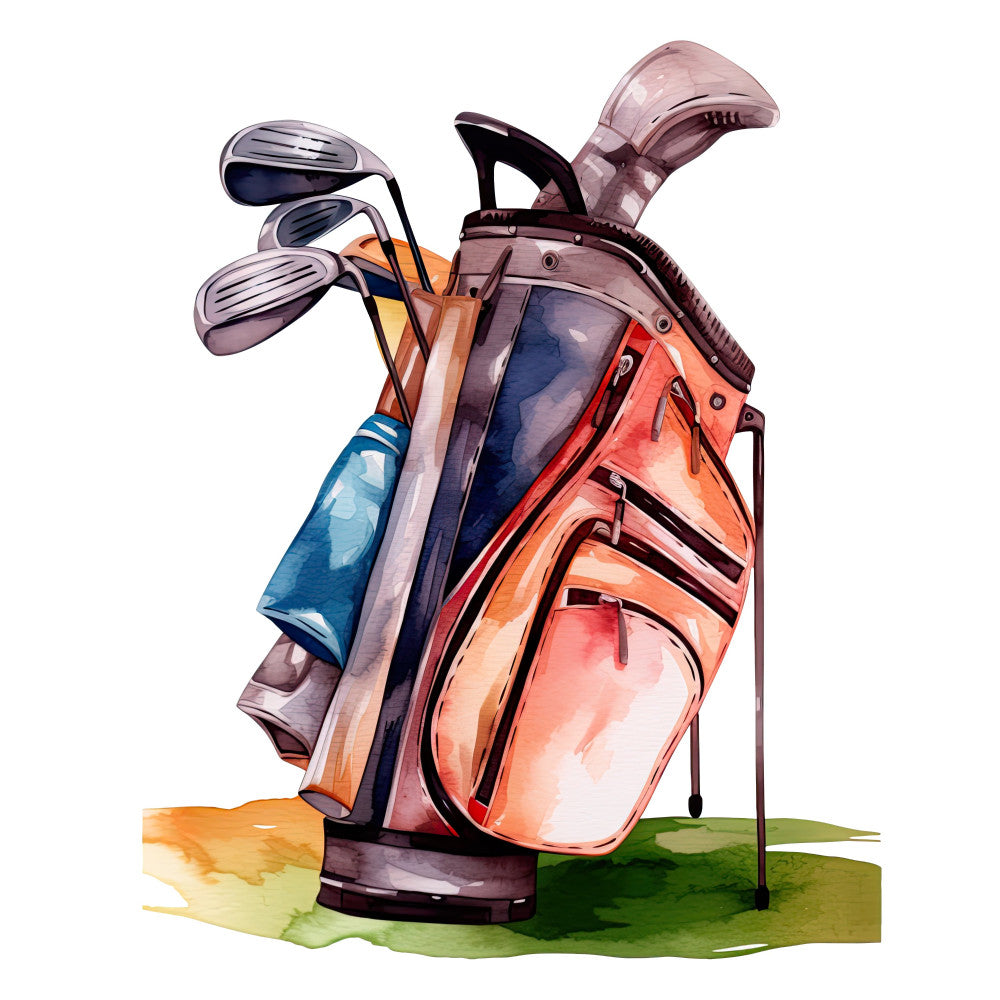 golf themed, golf bag, sports, golf clubs, coral orange, salmon pink, navy blue, teal blue, sage green, watercolor, illustrated, sporting goods, leisure, hobby, recreation, athletic, vintage style, whimsical, casual, golf equipment, golfer gift, sports enthusiast, recreational activity, painted style, artistic, modern illustration, mens interest, sports fan