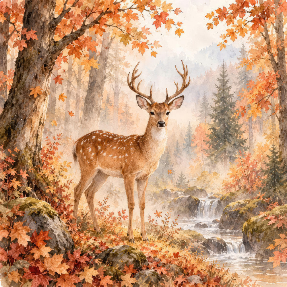 autumn, fall, deer, stag, wildlife, nature, forest, woodland, maple leaves, orange, rust, brown, tan, cream, gold, waterfall, stream, misty, scenic, landscape, rustic, traditional, elegant, natural, animals, trees, evergreen, moss-covered rocks, peaceful, serene