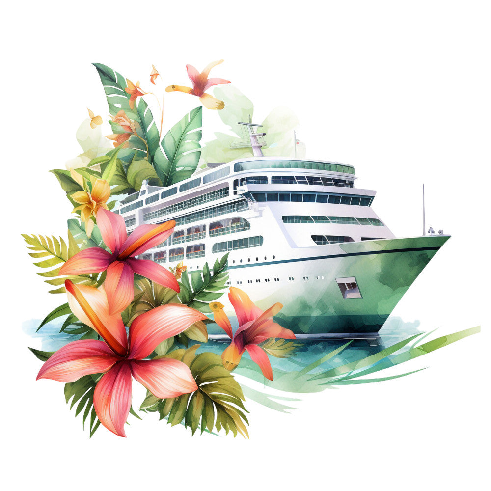 cruise ship, tropical flowers, hibiscus, palm leaves, watercolor style, coral pink, teal green, ocean waves, vacation theme, maritime, botanical design, fabric panel, quilting cotton, summer vibes, tropical paradise, floral arrangement, passenger ship, nautical, island getaway, luxury liner