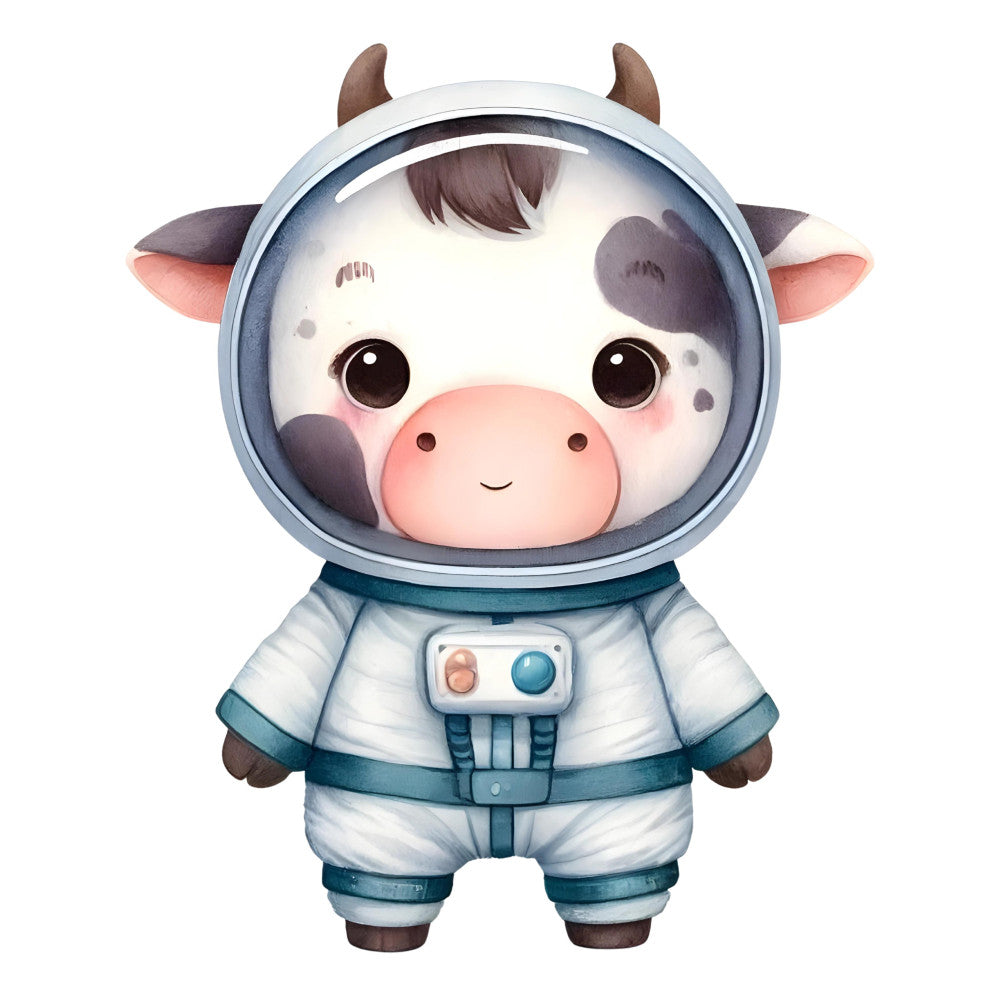 astronaut cow, cute animal, whimsical, space theme, celestial, adorable character, baby fabric, nursery, cream white, soft blue, teal, coral pink, brown accents, kawaii, children's design, gender neutral, playful, modern cute, illustration style, animal character, astronaut suit, helmet, space exploration, fabric panel, wall hanging, baby quilt, toddler, sweet style, soft colors