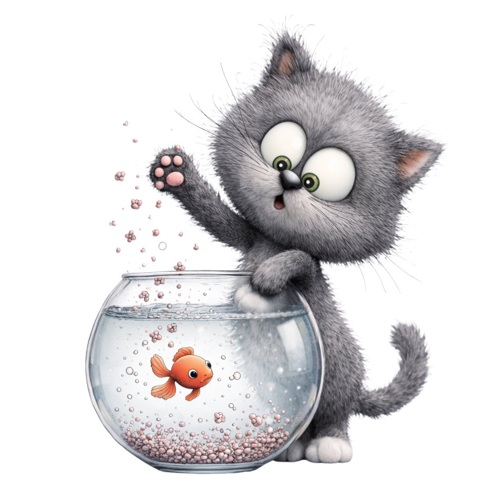 gray cat, cute animals, whimsical, playful, fish bowl, orange goldfish, children's, kids, cartoon, adorable, gray and white, coral orange, pastel, modern, fun, playful cat, pet themed, animal lovers, nursery, baby quilt, wall hanging, light hearted, humorous, fluffy, furry, children's books inspired, cat and fish, water themed, bubbles, interactive design