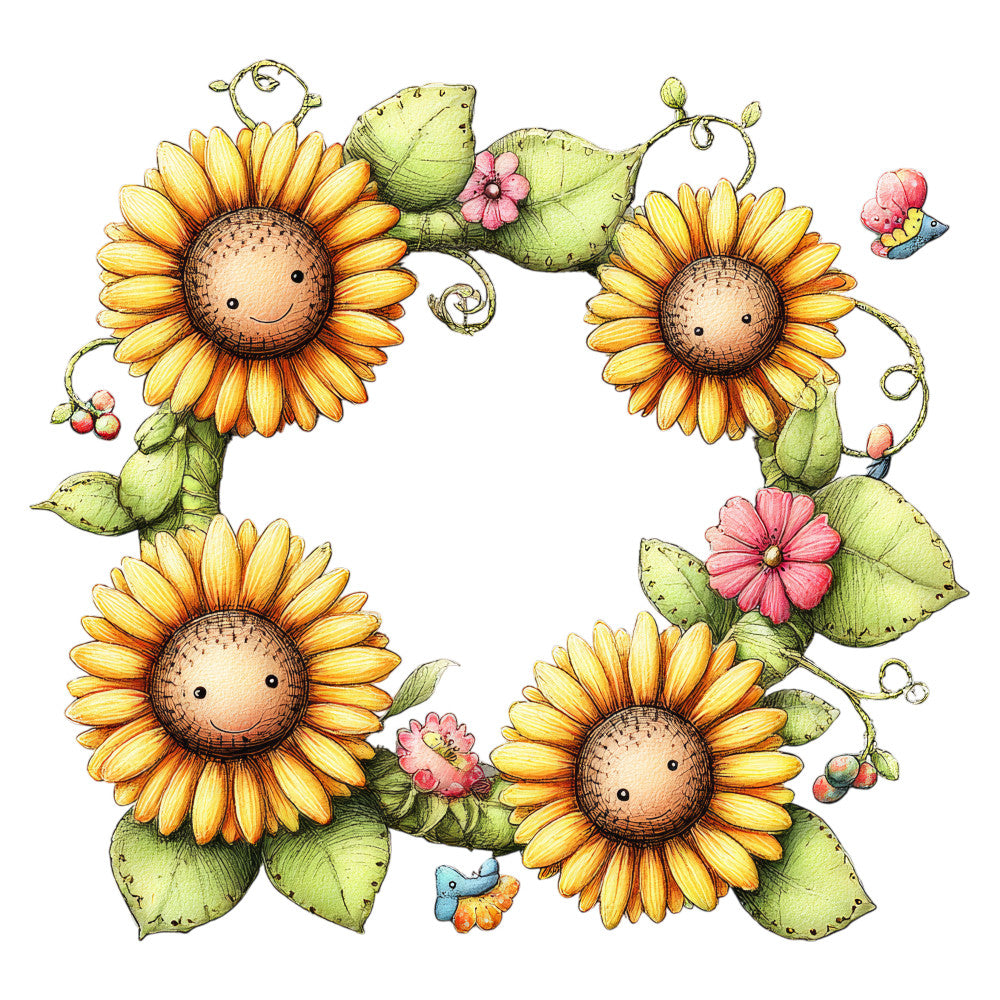sunflower, golden yellow, sage green, coral pink, whimsical, nature, garden, floral, smiling faces, anthropomorphic, butterflies, insects, berries, leaves, spring, summer, children's, playful, charming, friendly, cottage core, fairytale, storybook, botanical, blooming, cheerful, cute animals, sweet, pastoral, whimsy
