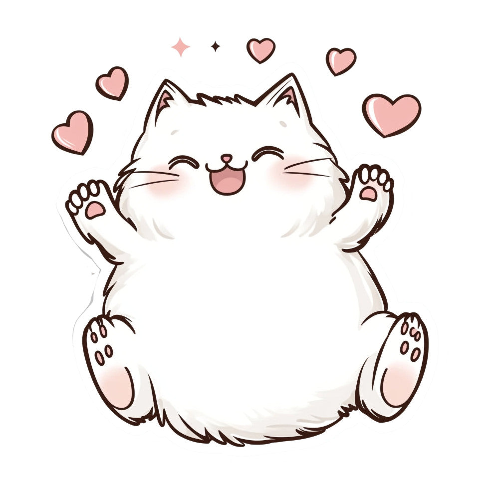 cute cat, white cat, pink hearts, heart motifs, cat illustration, kawaii, whimsical, playful, animal theme, feline, happy cat, smiling cat, love theme, romantic, pastel pink, blush pink, brown outline, children's, kids, baby, nursery, cute animals, cheerful, adorable, sparkles, stars, modern cute, illustration style, pet lovers