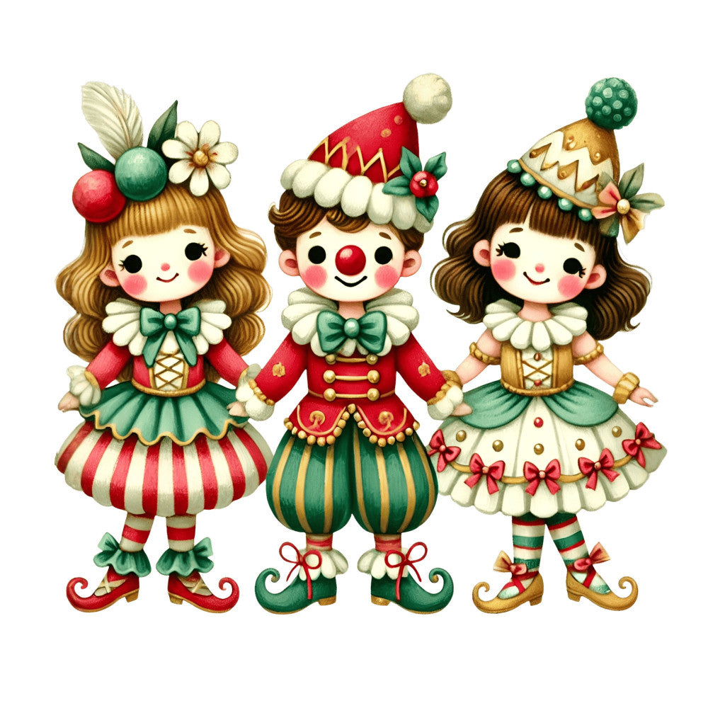 christmas, holiday, whimsical, vintage, festive, clown, circus, red, green, cream, gold, striped, candy cane, decorative, retro, nostalgic, children, playful, winter, seasonal, traditional, festive characters, bow ties, elf shoes, curled shoes, jolly, cheerful, cream and red striped, forest green, coral pink