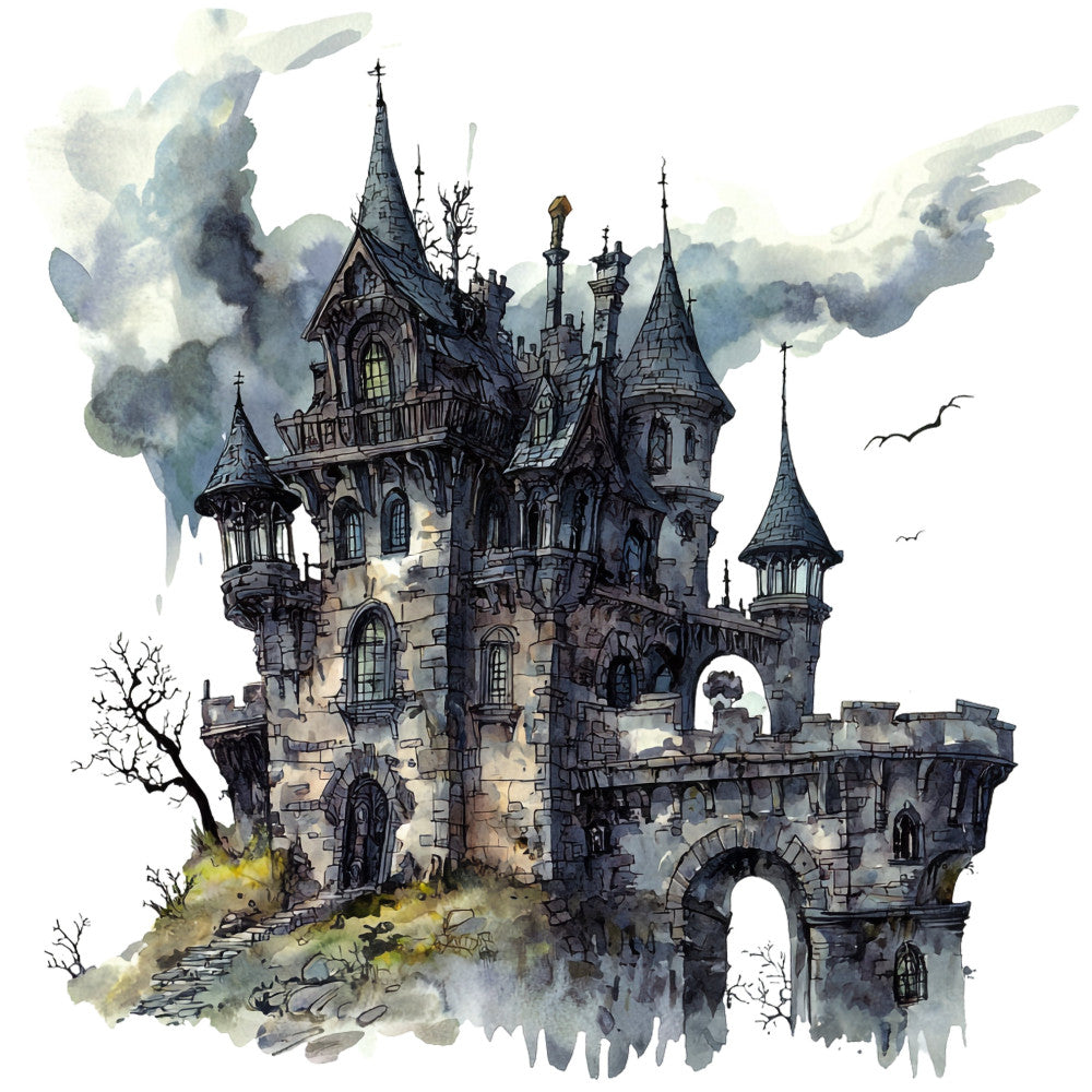 gothic castle, fantasy architecture, dark academia, whimsical fantasy, enchanted castle, medieval castle, spooky aesthetic, moody sky, charcoal gray, slate blue, cream, sepia tone, watercolor illustration, storybook art, fairy tale, castle motif, turrets and towers, crosses, dark atmospheric, mysterious, elegant gothic, vintage illustration, magical, dreamy, supernatural, dark fantasy, haunted manor, architectural detail, cloudy sky, birds