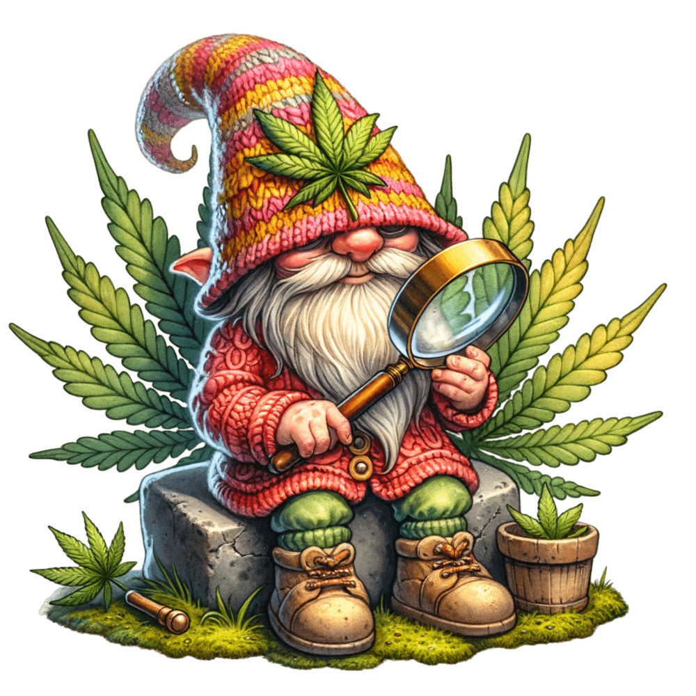 cannabis leaves, garden gnome, magnifying glass, colorful hat, red sweater, green boots, whimsical illustration, fantasy character, botanical theme, fabric panel, quilting cotton, bright colors, orange, pink, green, yellow, detailed artwork, smoking pipe, potted plant, moss ground