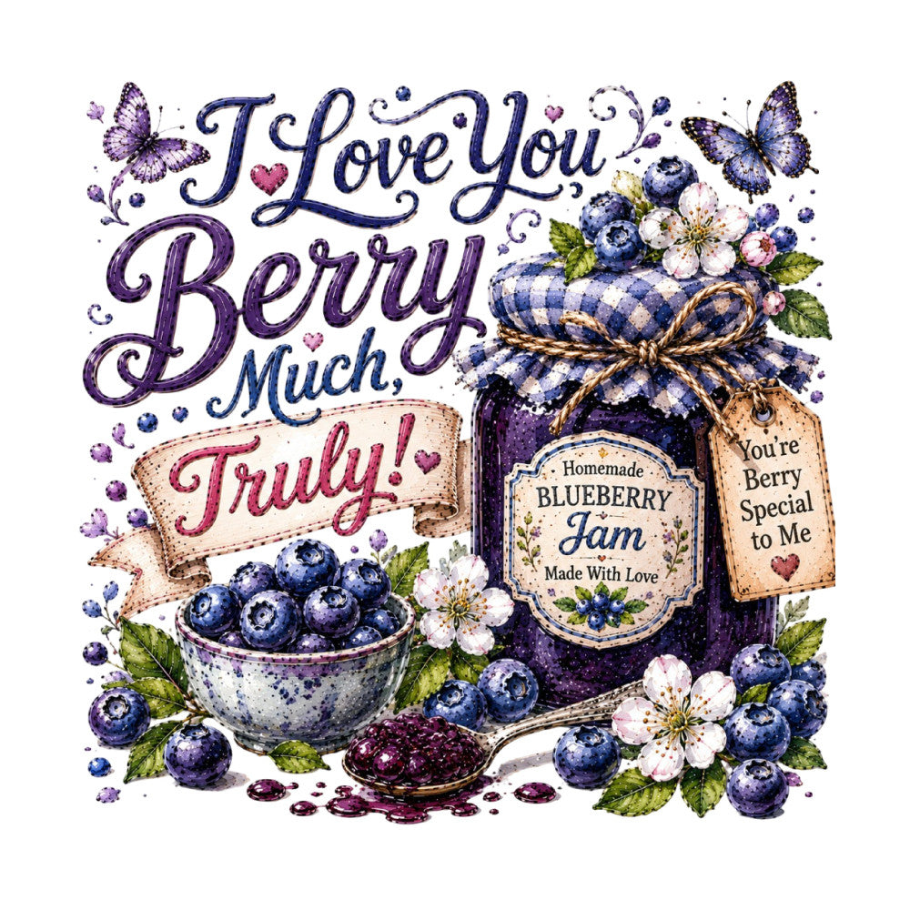 navy blue, purple, blueberry, white, cream, gold, floral, botanical, vintage, farmhouse, whimsical, elegant, rustic, blueberries, butterflies, flowers, hearts, jam jar, homemade, made with love, cottage core, nature, summer, spring, sentimental, love, romance, decorative, sweet, berry theme