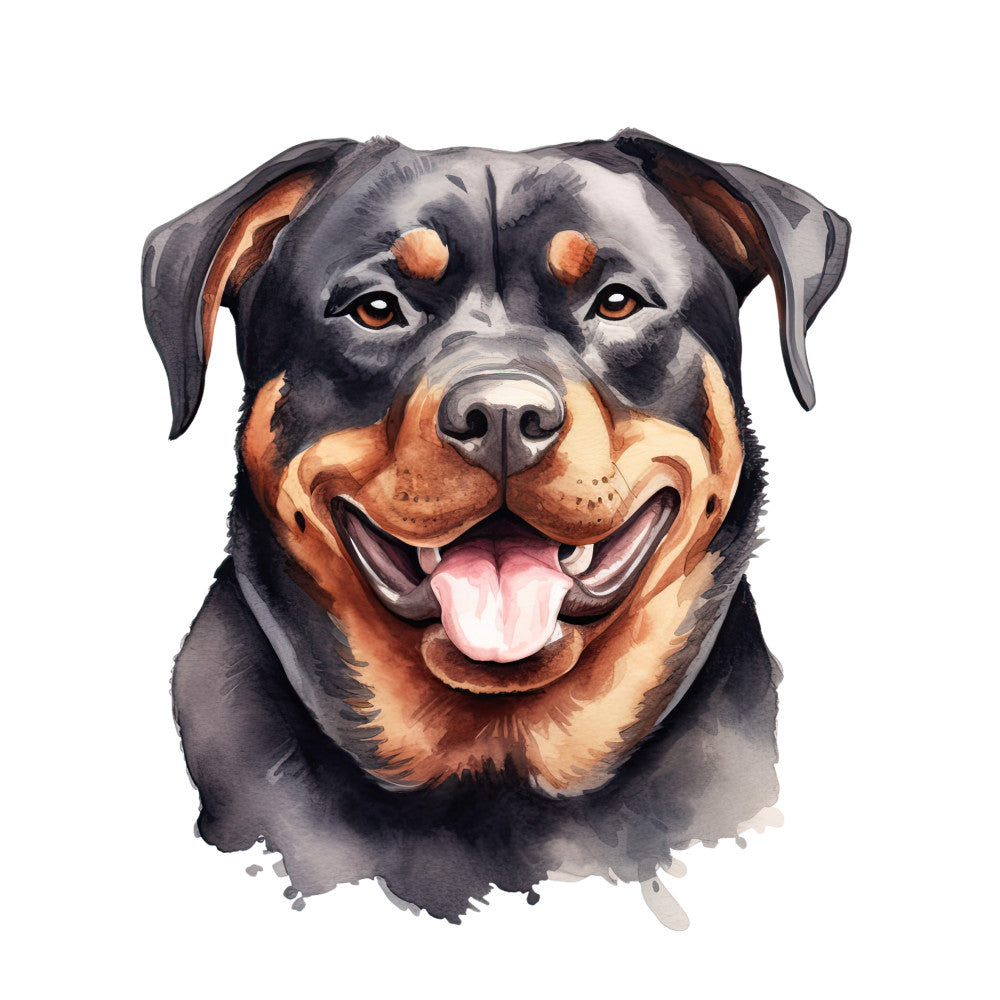Watercolor Rottweiler Fabric Panel 11 showing a detailed, vibrant portrait of a happy Rottweiler dog printed on premium cotton fabric.