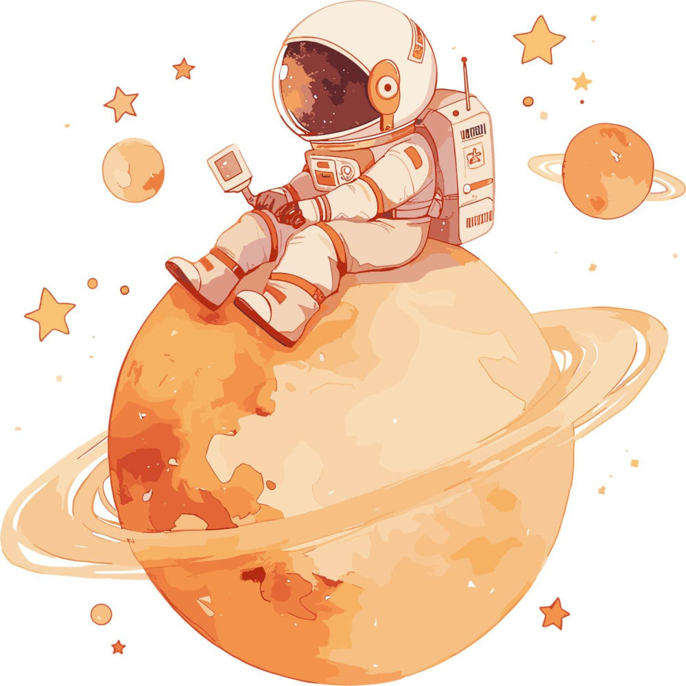 astronaut, space exploration, outer space, celestial, planets, stars, orange, cream, peach, tan, beige, rust, burnt orange, whimsical, playful, modern, adventure, science fiction, child, children, baby, kids, educational, cosmic, galaxy, moon, spacecraft, helmet, futuristic, wall hanging