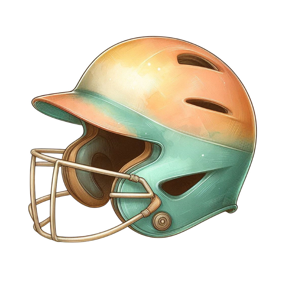 peach, mint green, bronze, gradient, ombre, sports, baseball, helmet, athletic, vintage, retro, americana, nostalgic, illustration, detailed, boys, men, summer, spring, sports theme, baseball helmet, team colors, watercolor style, whimsical, decorative, apparel, home decor, wall art, novelty, game day
