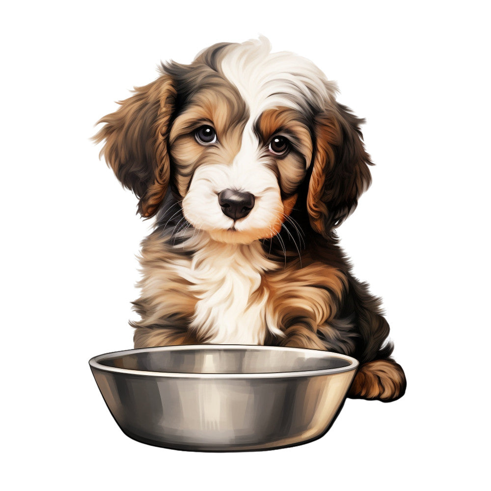 puppy, dog, spaniel, cute animals, animal portrait, brown and white, tan, cream, chocolate brown, bronze, adorable, whimsical, playful, pet lover, dog breed, gentle, sweet face, feeding bowl, food bowl, stainless steel, realistic illustration, digital art style, nursery, children's, baby animal, farmhouse, country style, pet themed, animal lover gift