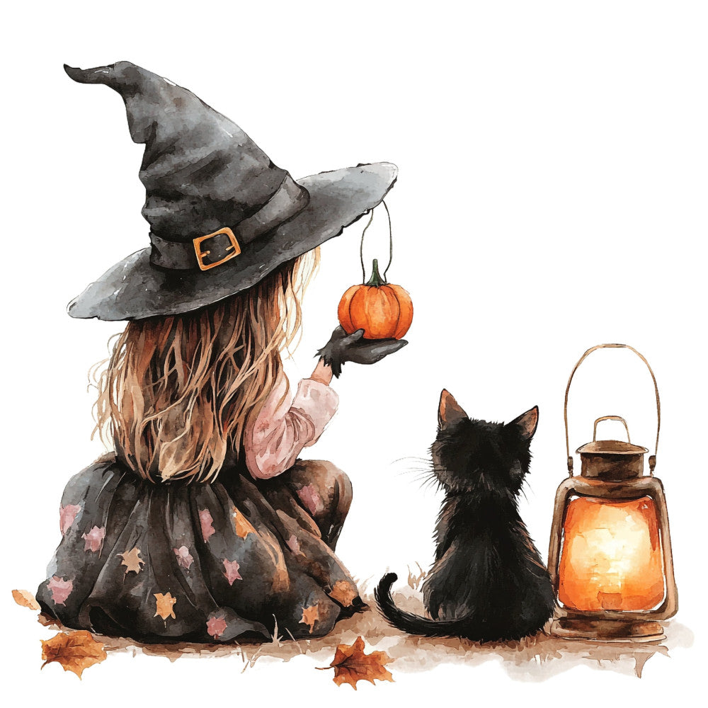 witch, halloween, black cat, pumpkin, lantern, autumn, fall, orange, black, charcoal gray, dusty rose, star motifs, whimsical, spooky, seasonal, holiday, witch hat, magical, children's, storybook, vintage halloween, festive, enchanted, nature-inspired, decorative, wall hanging, apparel, cottage core, atmospheric